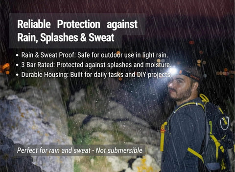 Man using Ultra Lightweight Magnetic LED Work Light And Rechargeable Headlamp For Mechanics And DIYers in the rain