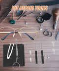Ultimate Eyeglass Repair Kit Featuring Replaceable Nose Pads And Micro Screwdriver With Assorted Glasses Screws Compact Tool laid out with glasses and tools.