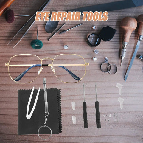Ultimate Eyeglass Repair Kit Featuring Replaceable Nose Pads And Micro Screwdriver With Assorted Glasses Screws Compact Tool laid out with glasses and tools.