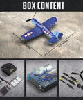 Box contents showing RC Planes For Adults With 4 Channel RTF F4U Corsair Fighters, 6 Axis Gyro, accessories, and packaging.