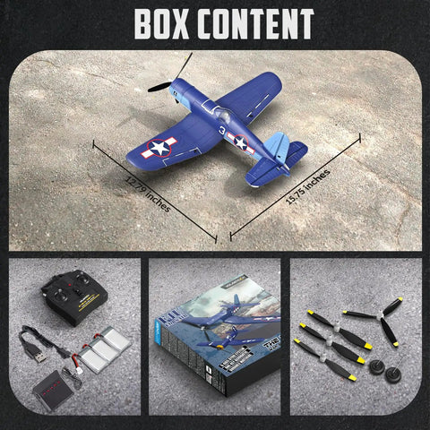 Box contents showing RC Planes For Adults With 4 Channel RTF F4U Corsair Fighters, 6 Axis Gyro, accessories, and packaging.
