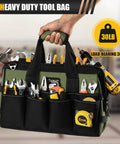 Heavy Duty Tool Bag 15 Inch With 16 Pocket Portable Tool Box Organizer For Big Capacity Storage Soft Handle Zipper Carrying Bag Perfect For Hammers Screwdrivers Drills And More Dad Gifts Green with tools inside.