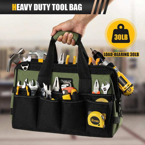 Heavy Duty Tool Bag 15 Inch With 16 Pocket Portable Tool Box Organizer For Big Capacity Storage Soft Handle Zipper Carrying Bag Perfect For Hammers Screwdrivers Drills And More Dad Gifts Green with tools inside.