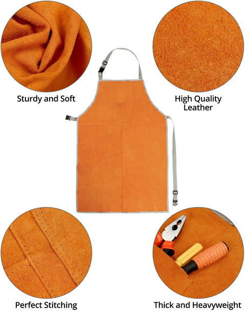 Welding Apron And Sleeves Set With Front Pockets For Heat And Flame Resistant Leather Shop Wear For Welders Blacksmiths Fireplace BBQ