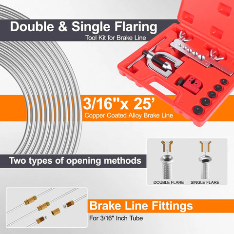 Three Sixteenth Inch Brake Line Repair Kit With Double And Single Flare Tool And 25 Feet Zinc Coated Brake Line 40 Fittings 4 Unions And Brake Line Bender kit display