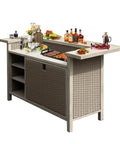 Outdoor Patio Bar Table With Aluminum Frame And PE Wicker Bar Cart Cabinet All Weather Storage For Patio Kitchen Or Home Bar In Wood Grain Finish