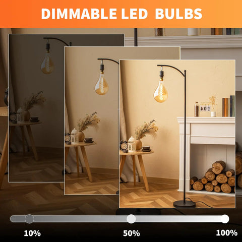 Dimmable LED Oversized Edison Bulbs With Amber Glass Finish in different brightness levels over a floor lamp in a cozy room setup.