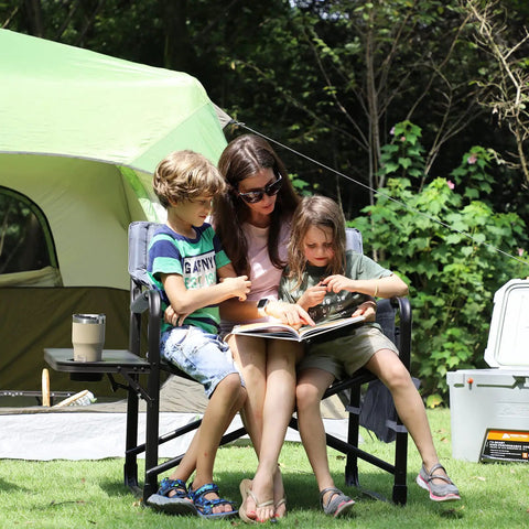 Family sitting on Oversized Directors Chair With Foldable Side Table And Detachable Pocket Heavy Duty Camping Chair Up To 600 Lbs Weight Capacity Gray