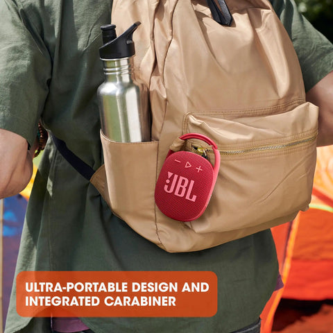 Clip 4 Portable Bluetooth Speaker With Carabiner IP67 Waterproof Dustproof 10 Hours Of Playtime Booming Sound In A Pocket Sized Tough Package For Home Outdoor Travel Pink attached to a backpack.