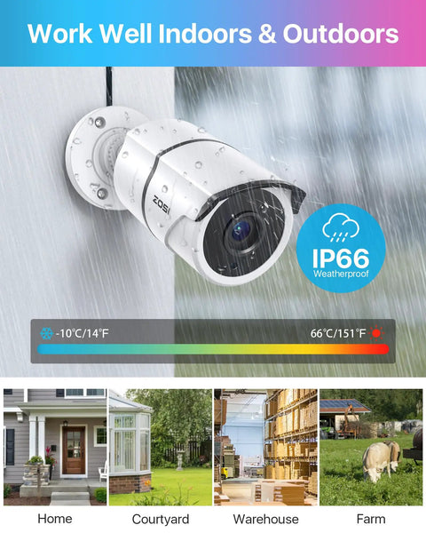 4 Pack 1080P HD TVI Security Cameras With 120Ft Night Vision Waterproof CCTV Bullet Cameras For Home Security, shown in rain, IP66 rated