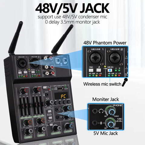 4 Channel DJ Mixer With Dual Wireless Microphones USB Bluetooth MP3 Interface 48V Phantom Power control and display highlighted