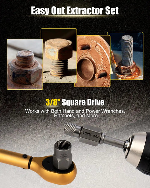 Close-up of a 36 Piece Screw And Bolt Extractor Kit 3 In 1 Easy Out Set shown with a wrench attached to an extractor socket.
