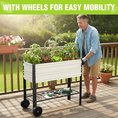 Raised Garden Bed On Legs And Wheels Galvanized Planter With 400 Lb Capacity 37 By 14.6 By 31.6 Inches Elevated Garden Box For Patio Backyard Deck White with man gardening.