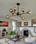 Eight Light Mid Century Glass Globe Chandelier For Kitchen Dining Room Living Room Bedroom Farmhouse Gold Finish Lit Showpiece Lighting Elegant Statement Piece For Any Modern Kitchen Or Dining Area in living room view