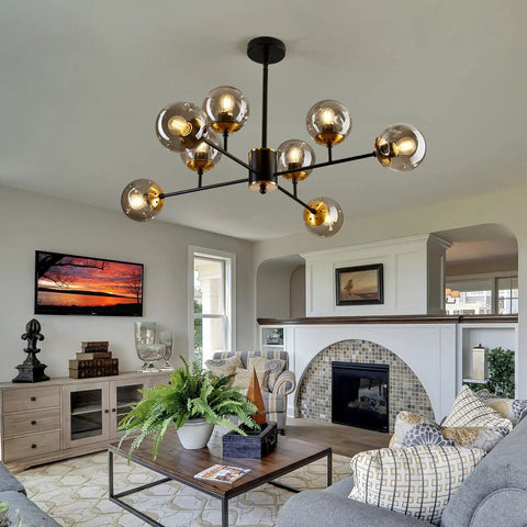Eight Light Mid Century Glass Globe Chandelier For Kitchen Dining Room Living Room Bedroom Farmhouse Gold Finish Lit Showpiece Lighting Elegant Statement Piece For Any Modern Kitchen Or Dining Area in living room view