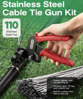 Heavy Duty 304 Stainless Steel Cable Tie Gun Kit Beefy Pro Grade with 110 11.8 inch metal zip ties in use on grass