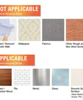 Illustration showing applicable and not applicable surfaces for 180 Pairs Large Picture Hanging Strips Heavy Duty No Tools Needed Removable Hook And Loop Tape 360 Strips Total Hang Frames Easy No Nails Damage Free Water Resistant Adhesive Strips For Frame Hanging On Walls.