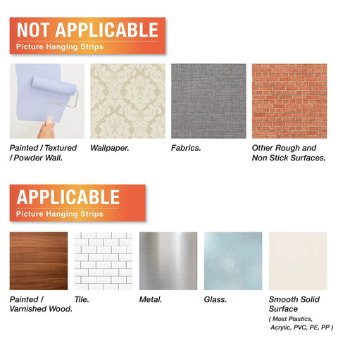 Illustration showing applicable and not applicable surfaces for 180 Pairs Large Picture Hanging Strips Heavy Duty No Tools Needed Removable Hook And Loop Tape 360 Strips Total Hang Frames Easy No Nails Damage Free Water Resistant Adhesive Strips For Frame Hanging On Walls.