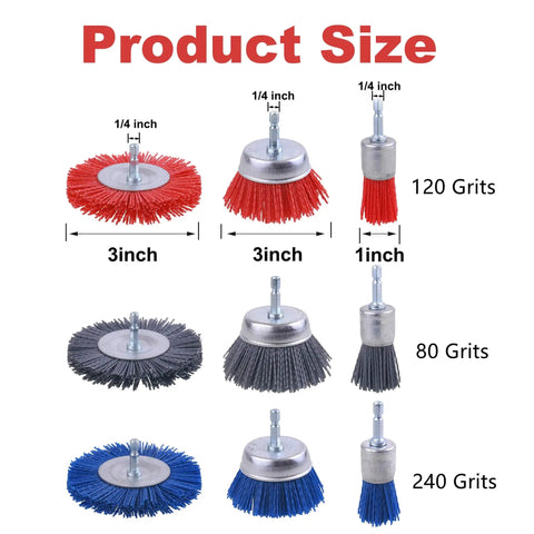 Nylon Filament Pro Grade Abrasive Wire Brush Set With 1/4 Inch Hex Shank, 9 Pack, various sizes and grits for rust paint and corrosion removal