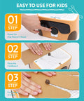 Steps to use Kids Safe Cardboard Cutter Tool For DIY Projects And STEM Craft, showing power on, cardboard placement, and cutting lines.