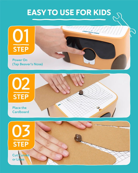 Steps to use Kids Safe Cardboard Cutter Tool For DIY Projects And STEM Craft, showing power on, cardboard placement, and cutting lines.