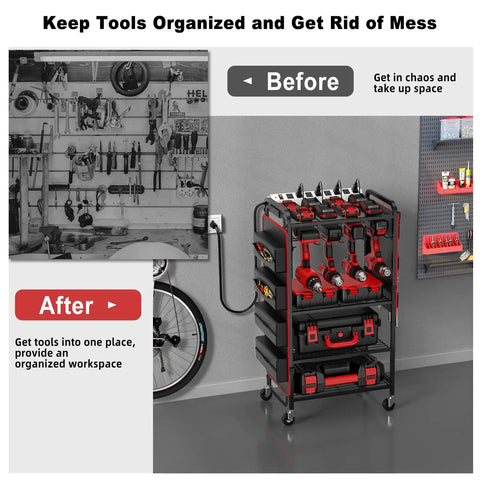 Power Tool Organizer Cart With Charging Station And Heavy Duty Tool Bag For Garage And Workshop, Battery Holder Storage Rack With 8 Outlet Power Strip And Rolling Utility Shelf On Wheels, shown in organized garage setup