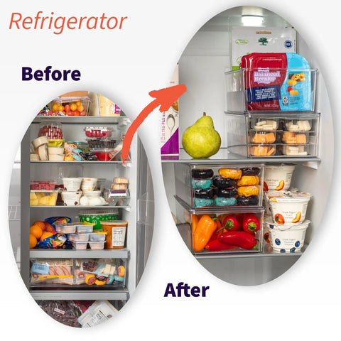 Before and after view of refrigerator using Pantry Organization Bins With Removable Dividers And Lids Two Pack For Refrigerator And Cabinet Storage Totally Perfect Kitchen Organizer For Snacks And Small Foods Keeping Pantry Neat And Fresh.
