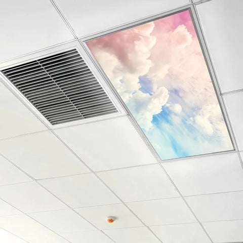 Ceiling featuring 2x4 Foot Fluorescent Light Cover With Pink Clouds Backlit Film Reduces Glare And Eye Strain Easy To Install For Classrooms Offices Sensory Rooms Universal Fit For Standard 2x4 Fixtures