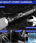 Ultra Bright 100000 Lumen Rechargeable LED Flashlight Handheld Spotlight showing waterproof and shockproof features.