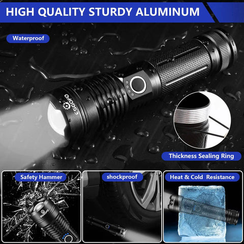 Ultra Bright 100000 Lumen Rechargeable LED Flashlight Handheld Spotlight showing waterproof and shockproof features.