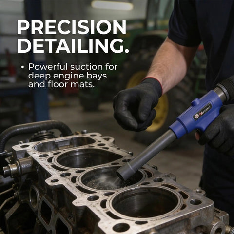 Mechanic using Dual Action Pneumatic Vacuum And Air Blow Gun With 6 Attachments 150 PSI Power for engine cleaning