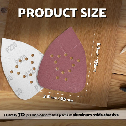 Black And Decker Mouse Sanding Pads Pack With 60 80 120 150 220 Grits, 12 Hole Hook And Loop Detail Sander Pads on wood surface