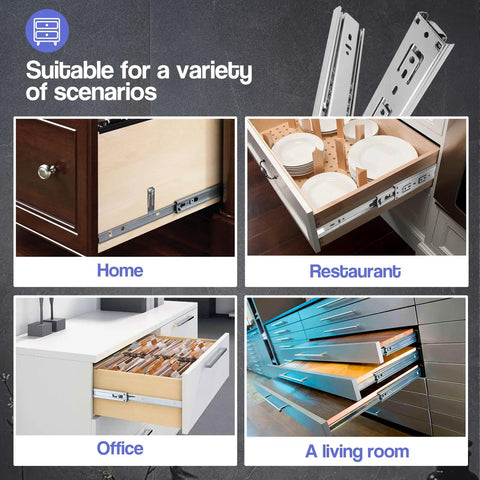 Heavy Duty 10 Inch Drawer Slides Set Built Tough installed in kitchen, office, restaurant, and living room cabinets.