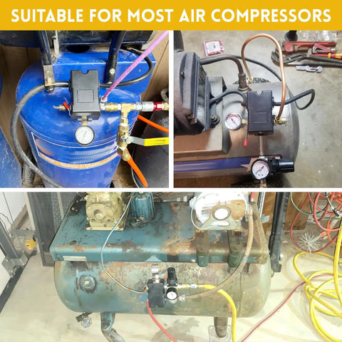 Air Compressor Pressure Switch With Adjustable Unloader And Relief Valve Preset 135 to 175 psi Four Port 26 Amp 220V on different compressors