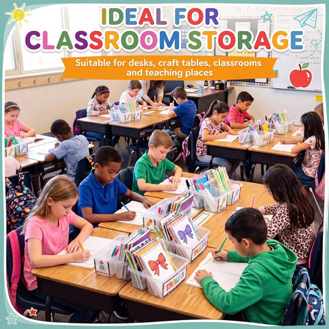 Students using Six Pack Stackable Classroom Caddies With Handles, 3 Compartments, Clear Plastic Storage Bins With 42 Labels
