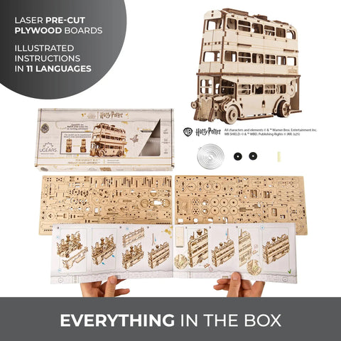 Knight Bus 3D Puzzle With 268 Pieces And 7.7 Inch Build Size Transformable Triple Decker Design, spring-powered wooden model kit
