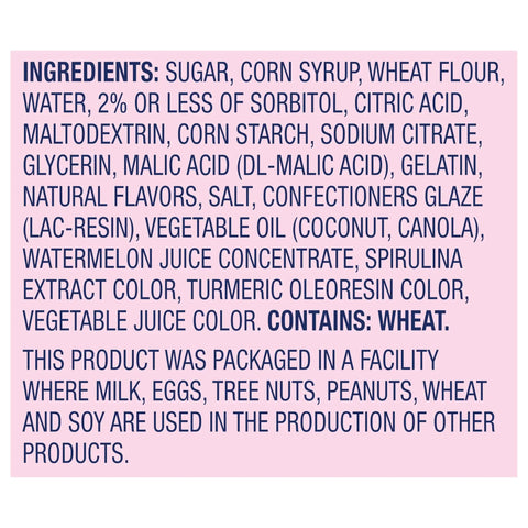 Ingredients list for Watermelon Berry Collision Ropes Candy Soft And Chewy 9 Oz Bag With Tart Filling, describing various ingredients.