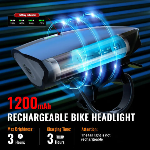 Two Pack Bike Lights With Horn, 1400LM USB Rechargeable Front Headlight And Tail Light, Waterproof With Three Modes, side view
