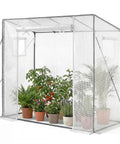 Walk In Greenhouse For Outdoors With Windows PE Cover Roll Up Zipper Door 76.8 Inches Long 30.3 Inches Wide 66.1 Inches High Portable Backyard Garden House Kit shown with potted plants inside