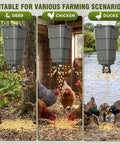 Five Gallon Hanging Deer Feeder With Programmable Digital Timer dispensing food for deer, chickens, and ducks in natural settings.
