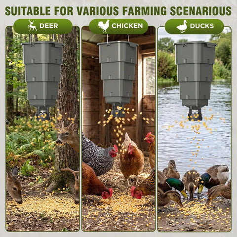 Five Gallon Hanging Deer Feeder With Programmable Digital Timer dispensing food for deer, chickens, and ducks in natural settings.