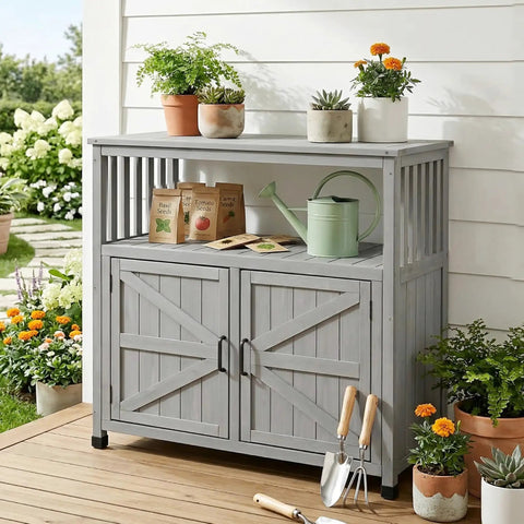 Wooden Patio Bar Table With Storage And Cedar Outdoor Buffet Cabinet Sideboard Serving Station With Double Layer Tabletop