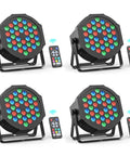 Four Six In One Party Lights With Nine 18W RGBWA And UV LEDs 8800mAh Rechargeable Battery Wireless Five Pack with remote controls.