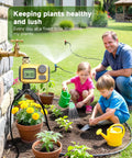 Family using Smart Drip Irrigation System With LCD Timer And 246 Foot Layout, Automatic Watering Kit For Garden Greenhouse And Lawn