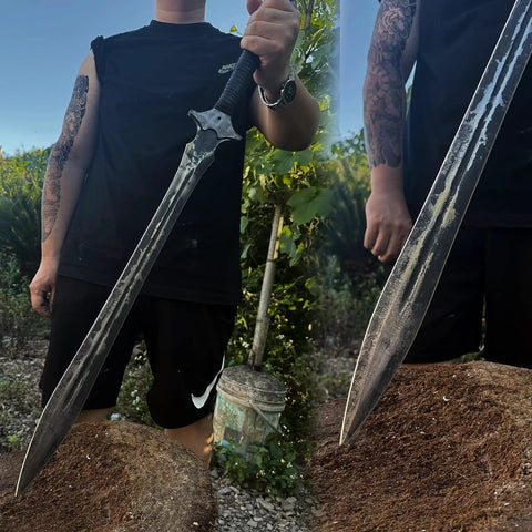 Hand Forged Knight Sword In Spring Steel 35 Inch Full Tang Medieval Blade held by person outdoors, rustic appearance.