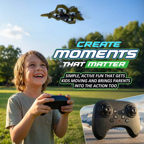 Child flying Dope RC Stunt Plane For Kids And Adults With 3x Battery Life, LED Jet Fighter, outdoors with remote control.