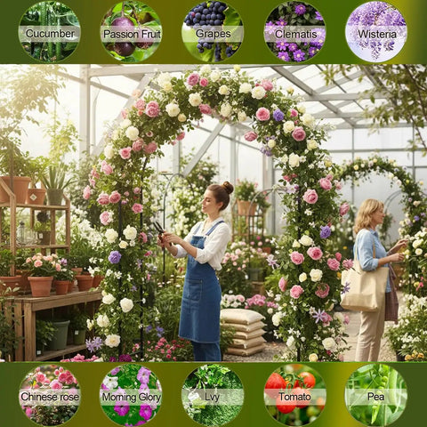 Woman arranging flowers on versatile garden pergola arch for bridal party decor, featuring two size setup, easy assembly