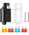 4 Circuit Fuse Block With Marine Cover For ATO ATC Fuses, A Real Workhorse That Handles Up To 100 Amps Per Block, 32V DC, Heavy Duty Boat Electrical Hub, Easy Mounting With Standard Screws, Durable Terminal Studs And Lock Washers. with clear cover, screws, and four fuses