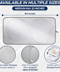 Heavy Duty Car Windshield Sun Shade Blocks Gnarly Highway Scorcher And Dangerous Ultraviolet Rays Keeps Your Ride Cooler Premium Heat Deflector, Medium 64x32 inches, durable polyester material.