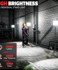 Heavy Duty 200W LED Work Lights With Stand Two Pack Compatible With Milwaukee Battery in workshop setting